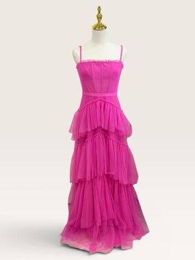 Betsy & Adam Pink Corset Mesh Square Neck Tiered Tulle Ball Gown Dress Size 6